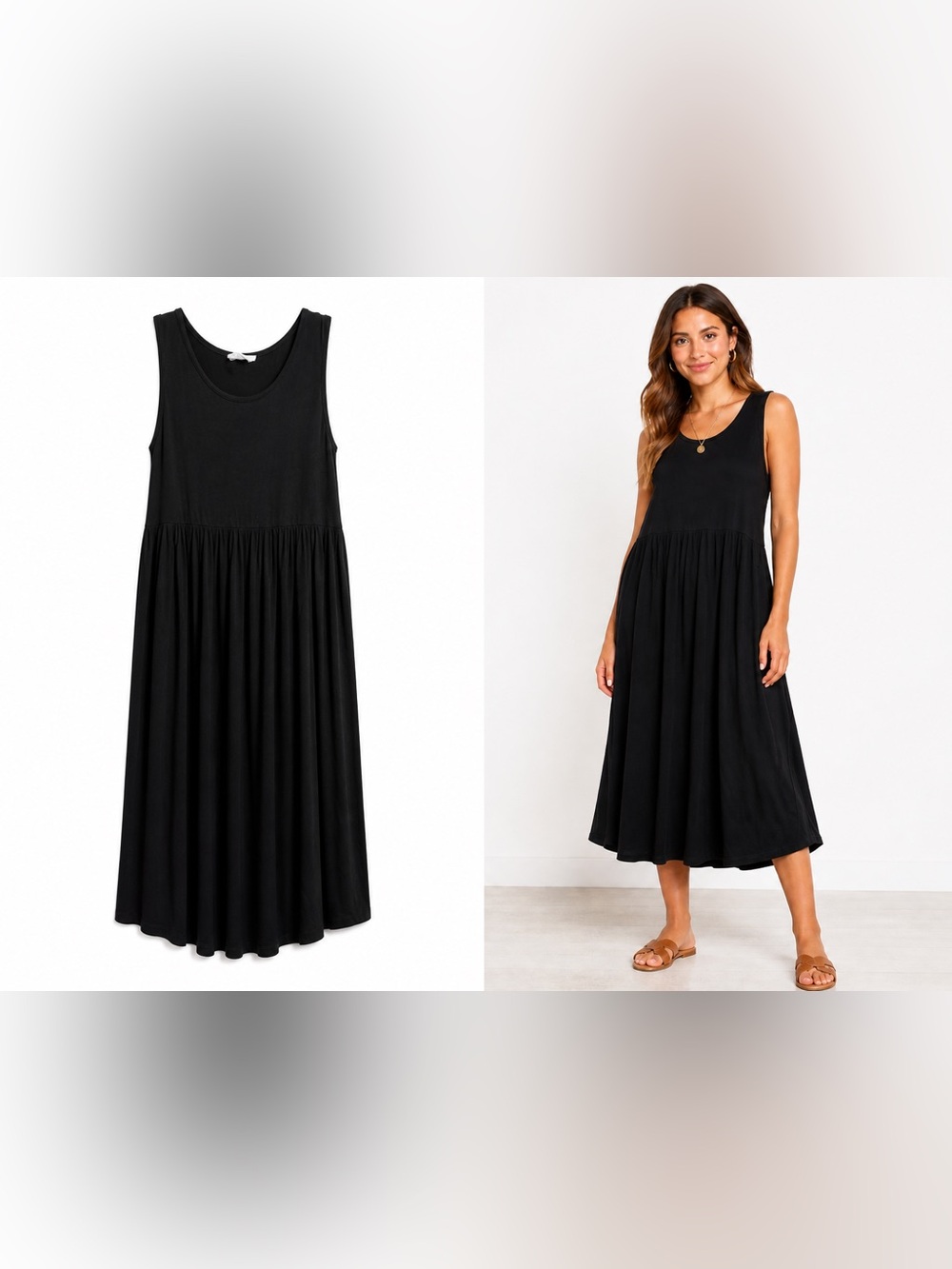 Black Sleeveless Midi Dress with Gathered Waist
